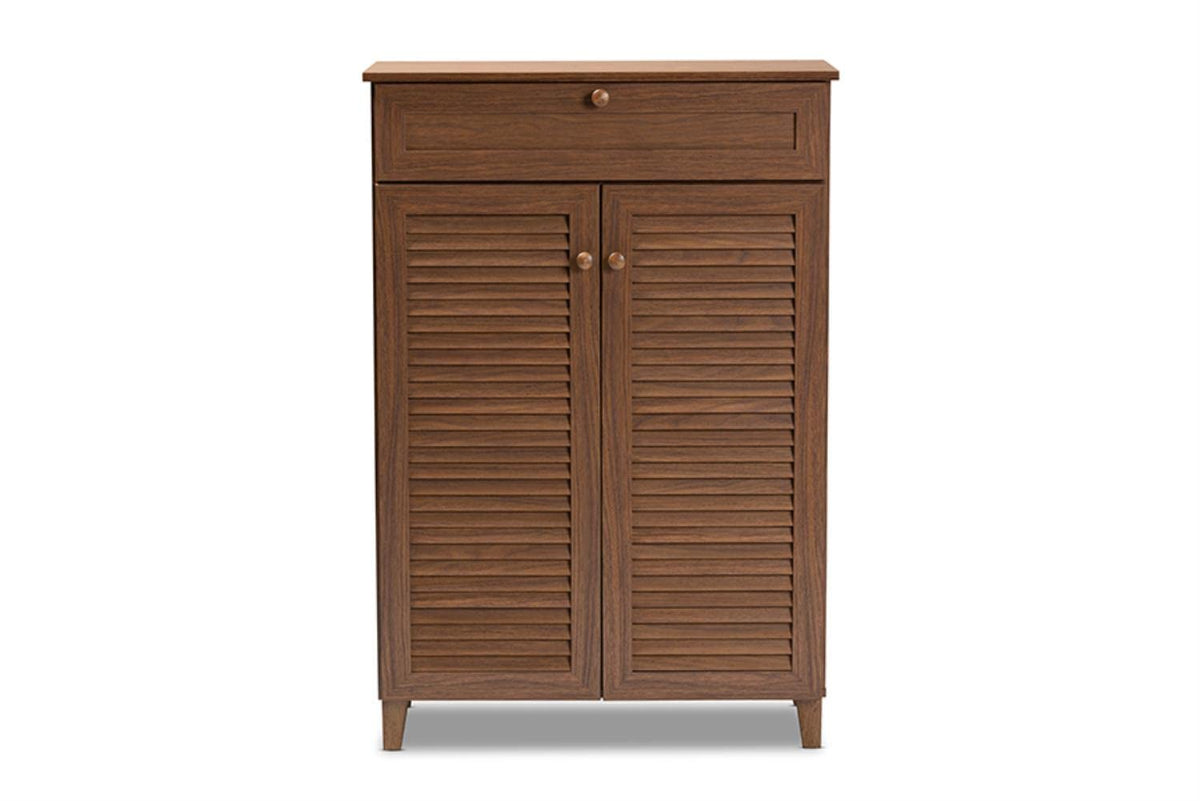 Baxton Studio Coolidge Modern and Contemporary Walnut Finished 5-Shelf Wood Shoe Storage Cabinet with Drawer
