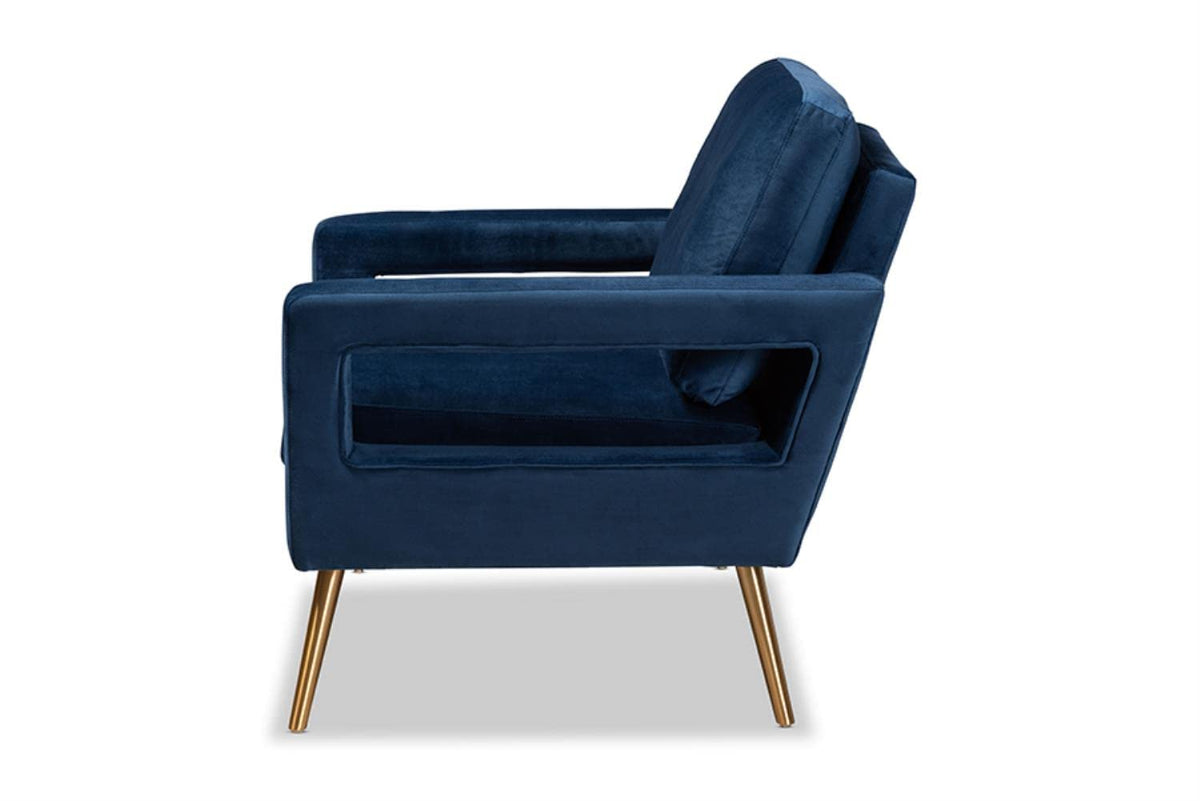 Baxton Studio Leland Glam and Luxe Navy Blue Velvet Fabric Upholstered and Gold Finished Armchair