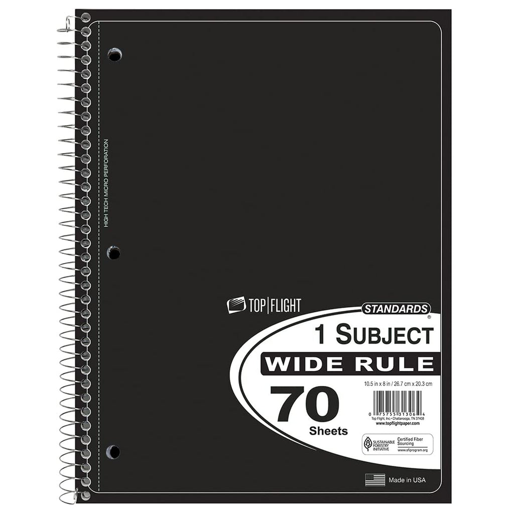 Top Flight Standards 1-Subject Notebook, 70 Sheets, Perforated, Wide Rule, Color May Vary (31306)