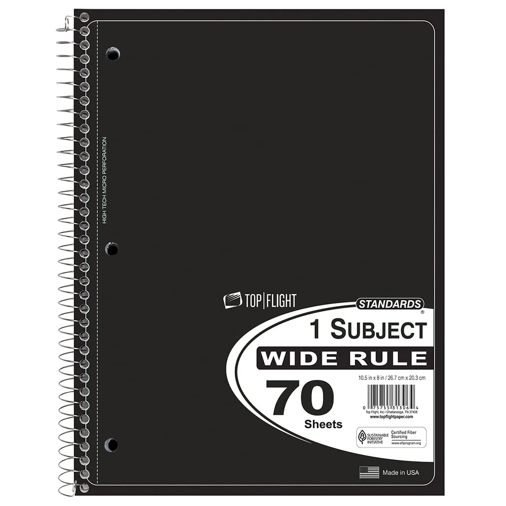 Top Flight Standards 1-Subject Notebook, 70 Sheets, Perforated, Wide Rule, Color May Vary (31306)