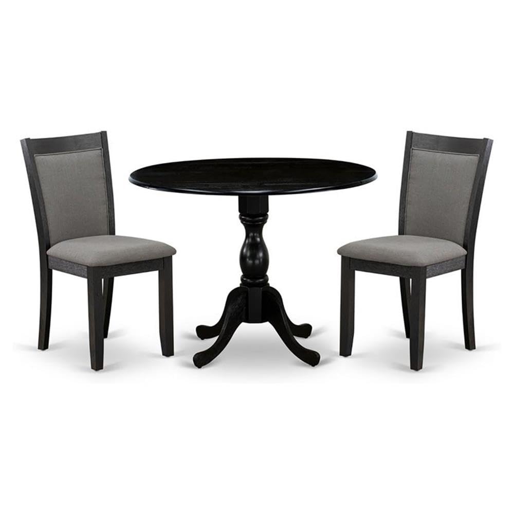 East West Furniture DMMZ3-AB6-50 3 Piece Modern Dining Table Set Contains a Round Wooden Table with Dropleaf and 2 Dark Gotham Grey Linen Fabric Upholstered Chairs, 42x42 Inch, Wirebrushed Black