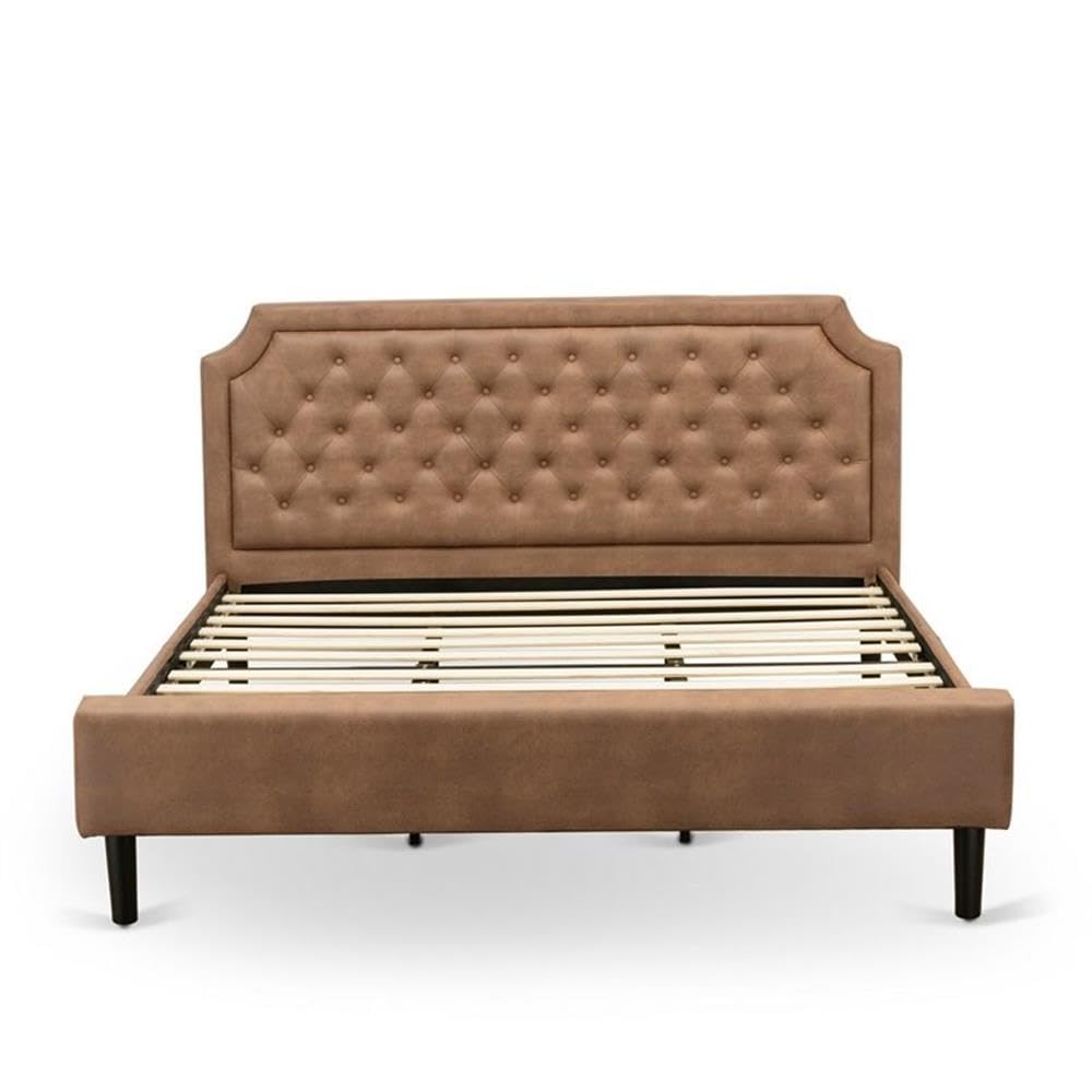 East West Furniture GB28K-2GA08 3-Piece Granbury Wooden Set for Bedroom with Button Tufted Bed Frame and 2 Antique Walnut Bedroom Nightstands - Brown faux Leather with Brown Texture and Black Legs
