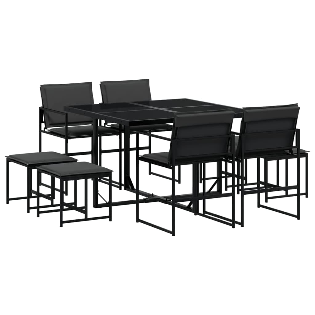 vidaXL 9-Piece Patio Dining Set with Cushions - Foldable Textilene Chairs, Storage-Friendly Garden Furniture with Glass Tabletop, Black/Dark Gray for Patio, Garden, Backyard Use