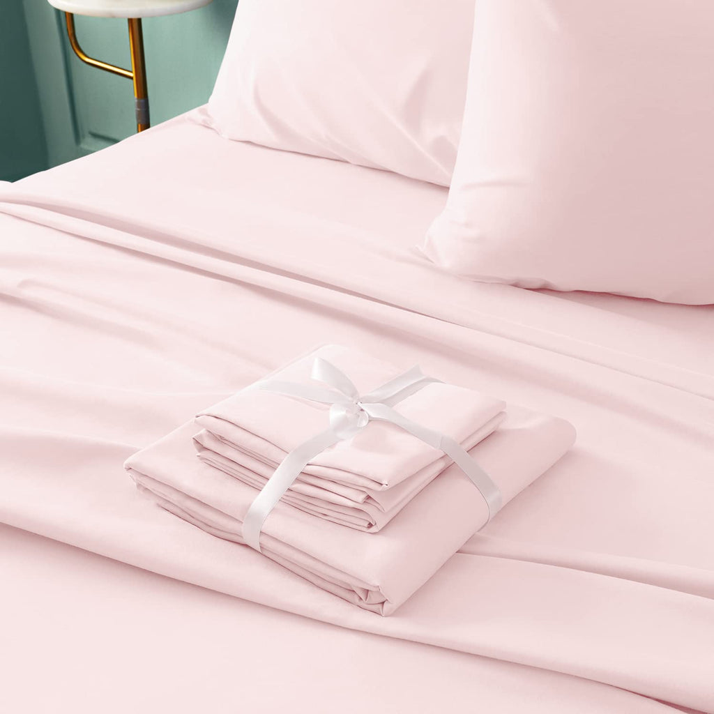 Bysure 4 Pieces Bed Sheets Set(Twin, Light Pink) - Super Soft 1800 Thread Count 100% Microfiber Sheets With Deep Pockets, Wrinkl