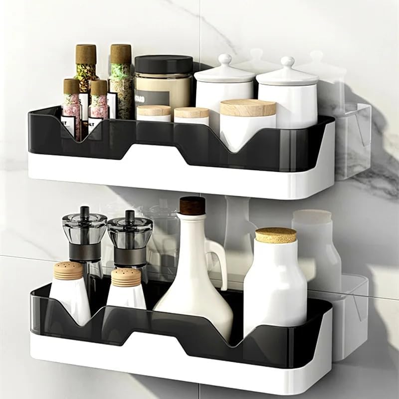Wall Mounted Shelf Organiser, No Drill Adhesive, Plastic, Black And White, Multipurpose, 2 Pack