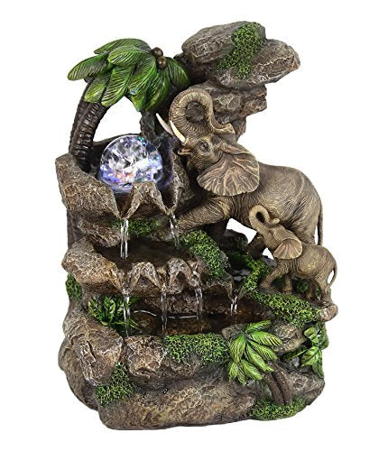 Ok Lighting 11.00" H Elephant Table Fountain, Brown, Green