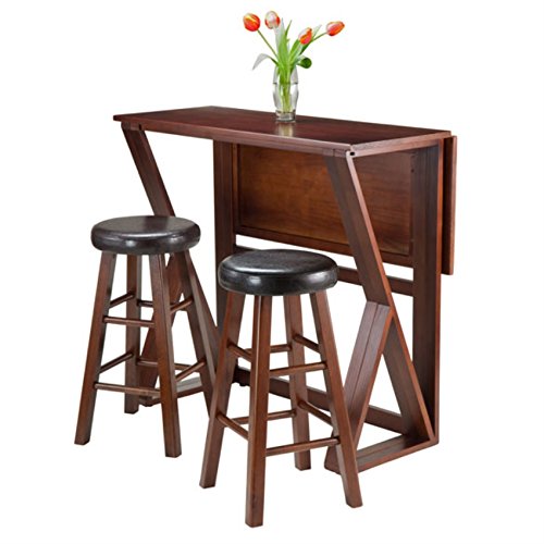Ergode Harrington Drop Leaf High Table Set | 2 Stools | Walnut Finish | 39.37'W x 31.5'D x 36.22'H | Solid Wood Construction