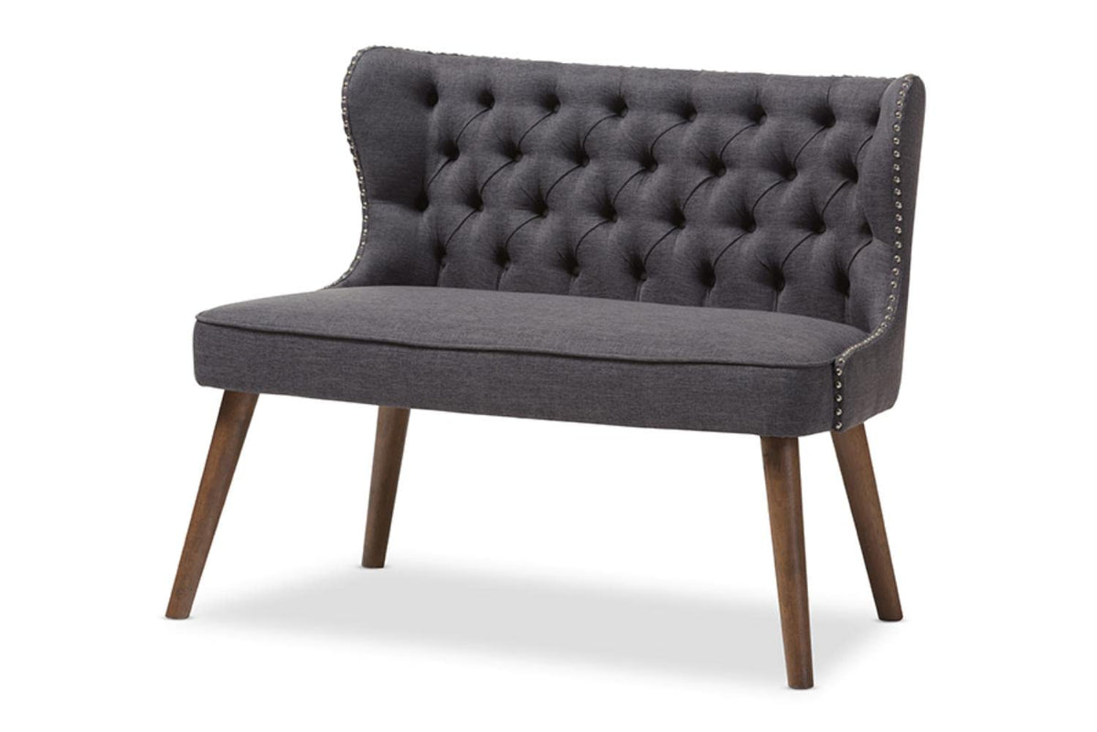 Baxton Studio Scarlett Midcentury Modern Brown Wood And Dark Grey Fabric Upholstered Buttontufting With Nail Heads Trim 2Seat