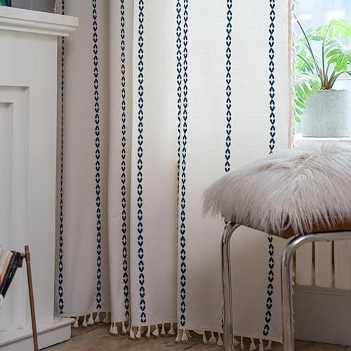 Sutuo Home Boho Curtains 84 Inches For Bedroom Living Room, Semi Blackout Farmhouse Vintage Tassels Window Treatment Bohemian Embroidery Drape, Rod Pocket 1 Panel 52' W X 84' L, White And Navy Blue