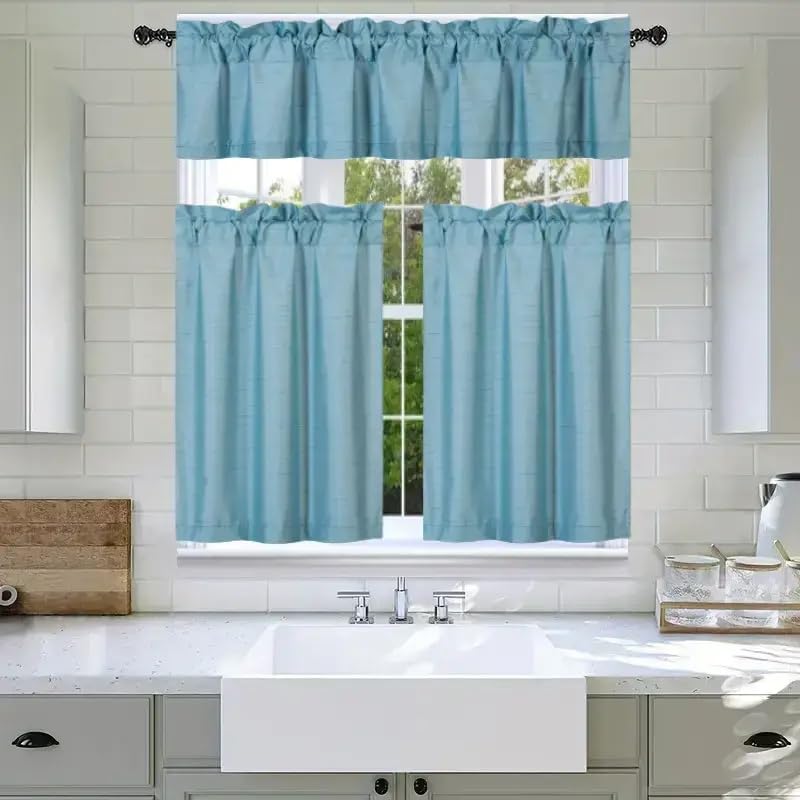 3Pc Set Solid Faux Silk Lined Blackout Rod Pocket Small Kitchen Window Curtain with Valance (K3) (Teal Blue)