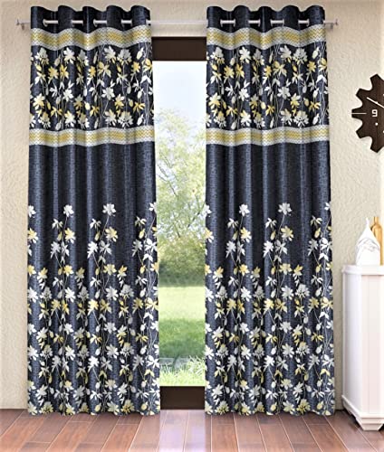 Home Sizzler 2 Piece Flower Border Panel Eyelet Polyester Window Curtains  5 Feet, Grey