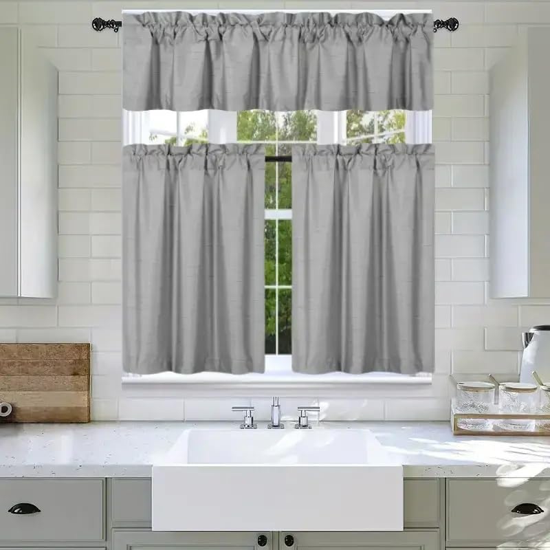 3Pc Set Solid Faux Silk Lined Blackout Rod Pocket Small Kitchen Window Curtain with Valance (K3) (Silver Gray)