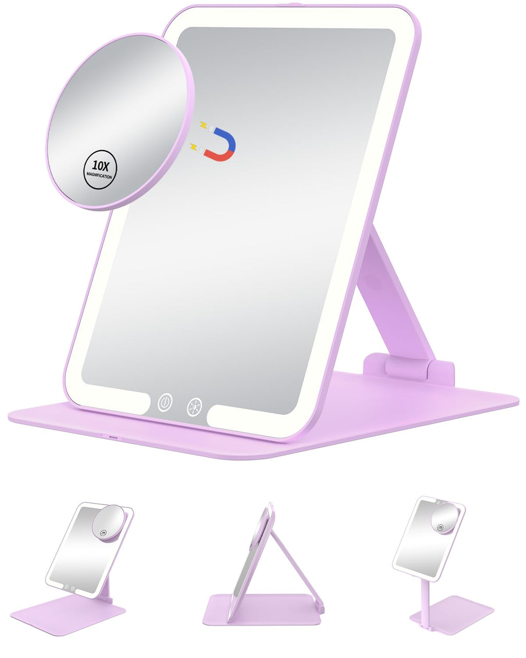 Gospire Travel Makeup Mirror with Lights and Magnification 10X, Portable Make Up Compact Tabletop Mirror with Adjustable Stand, 