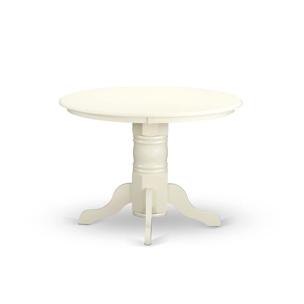 East West Furniture SHLG3-LWH-W 3 Piece Modern Dining Table Set Contains a Round Kitchen Table with Pedestal and 2 Dining Chairs, 42x42 Inch, Linen White