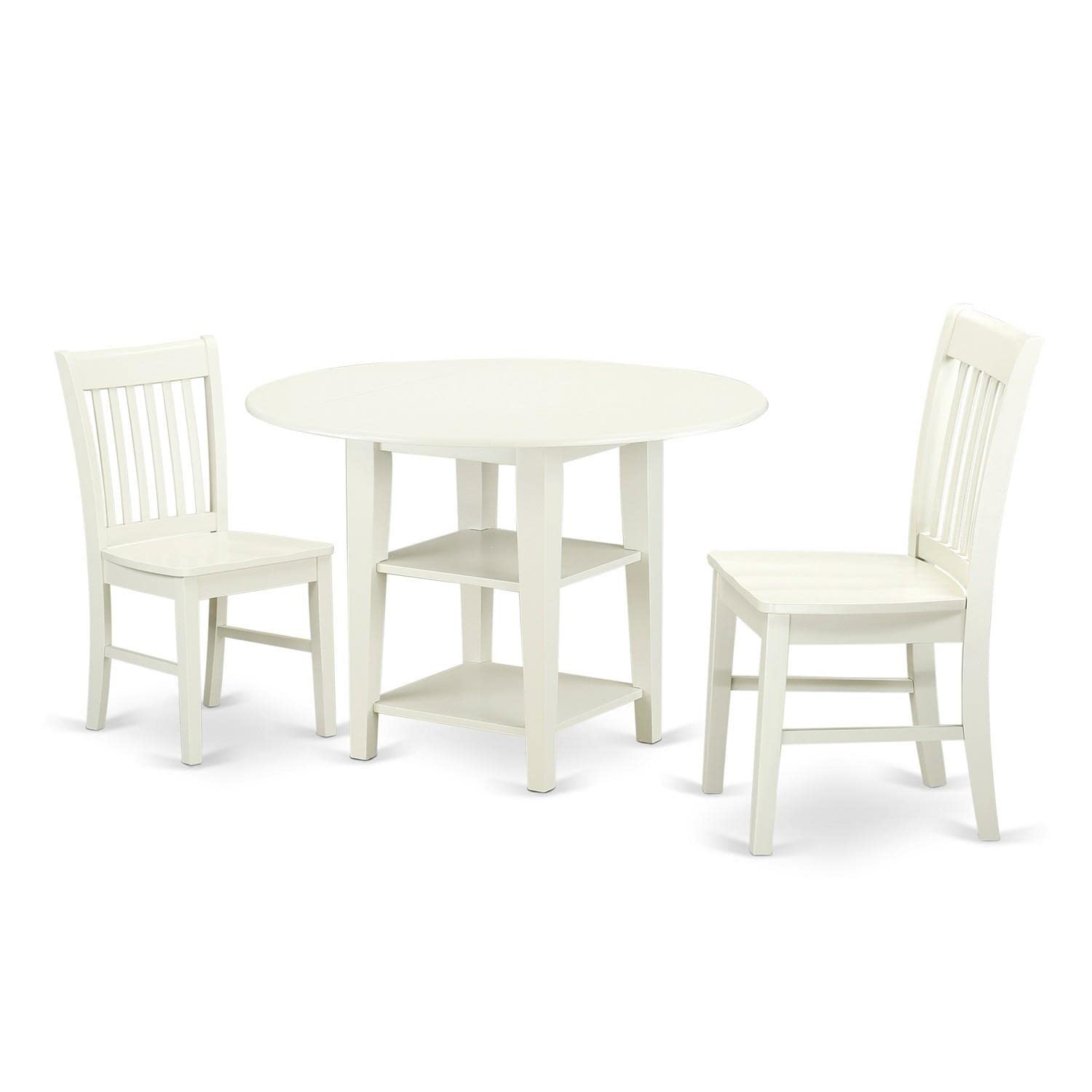 East West Furniture SUNO3-LWH-W 3 Piece Room Furniture Set Contains a Round Kitchen Table with Dropleaf & Shelves and 2 Dining C