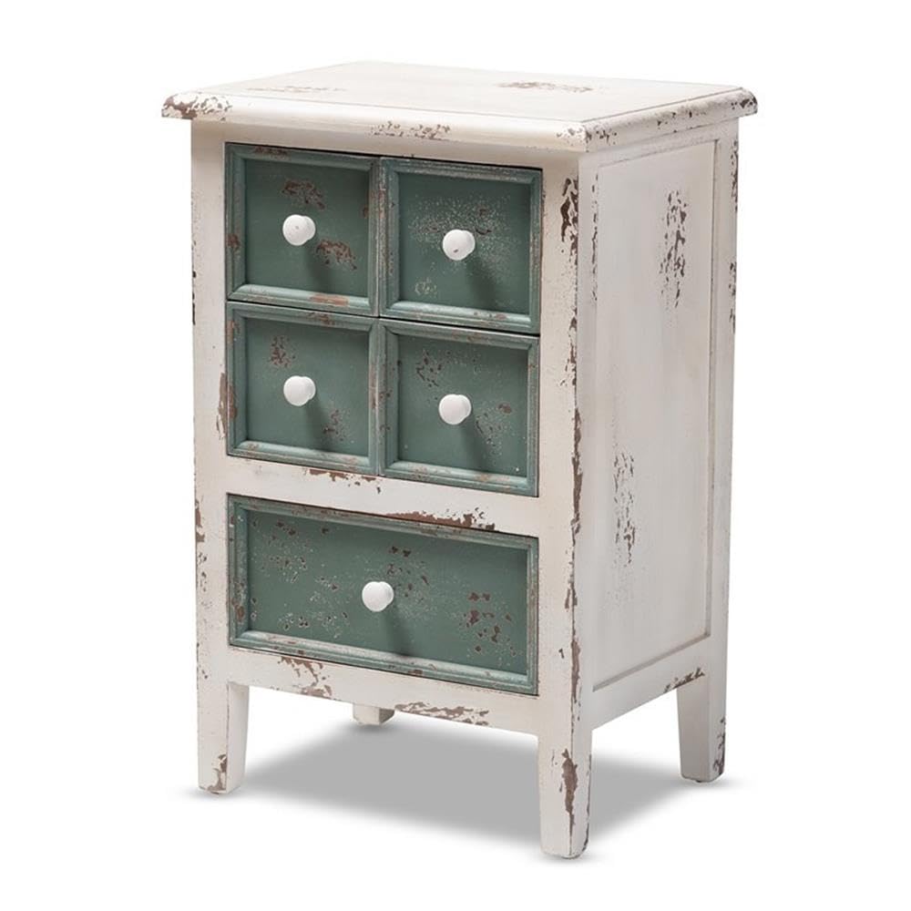 Baxton Studio Angeline Antique French Country Cottage Distressed White And Teal Finished Wood 5Drawer Accent Chest