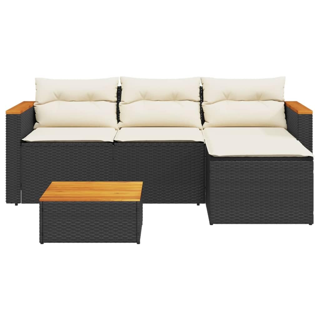 vidaXL 3-Piece Black Poly Rattan Patio Sofa Set with Acacia Wood Table - Outdoor Lounge Furniture with Cushions - Modular Garden Seating for Backyard, Terrace, Deck