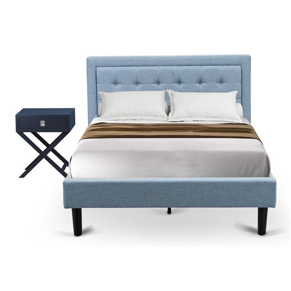 East West Furniture FN11F-1HA15 2-Piece Fannin Full Size Bedroom Set with 1 Wood Bed Frame and a Mid Century Modern Nightstand - Reliable and Durable Manufacturing - Denim Blue Linen Fabric