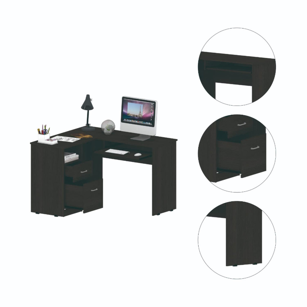 Idra L-Shaped Desk with Keyboard Tray, 2 Drawers, and Open Shelf, Black Wenge