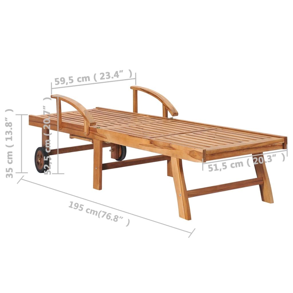 vidaXL Sun Lounger, Outdoor Chaise Lounge Chair with Wheels, Patio Daybed with Table and Cushion for Beach Yard, Retro Style, Solid Wood Teak