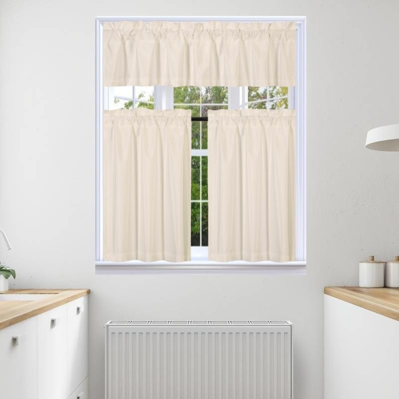 3Pc Set Solid Faux Silk Lined Blackout Rod Pocket Small Kitchen Window Curtain With Valance (K3) (Ivory)