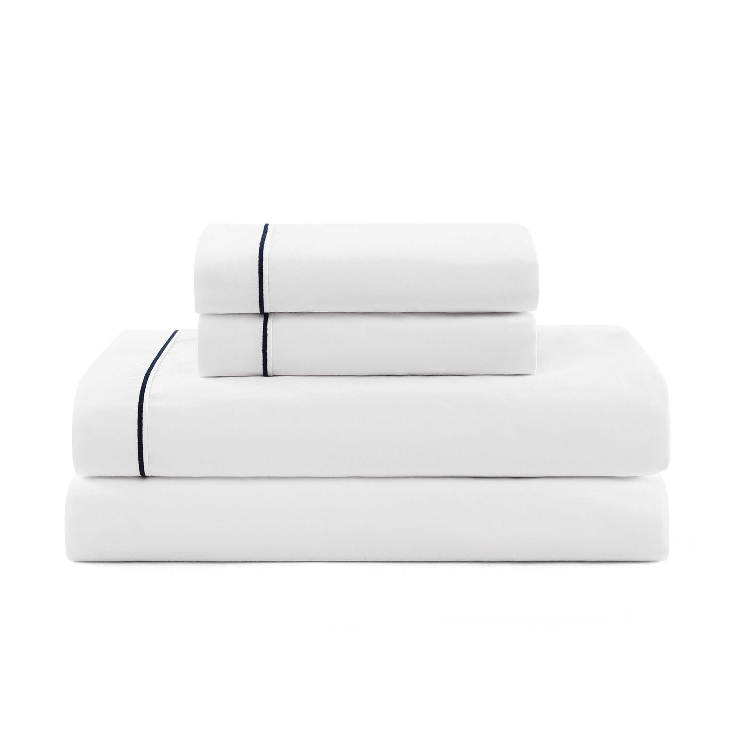 Tommy Hilfiger - Sheet Set, Cotton Percale Bedding with Matching Pillowcase, Crisp & Cool, Solid Design with Hem Stripe (White/N