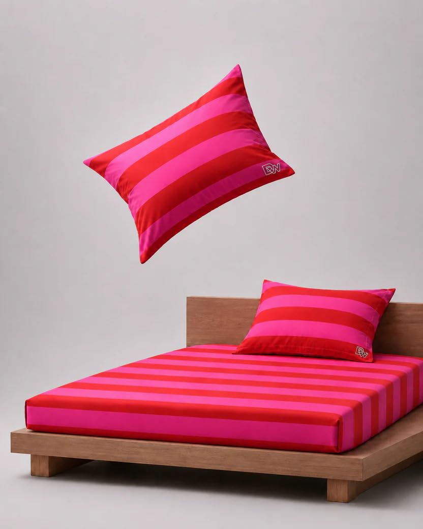 Decor Well Stripe Pure Cotton Bedsheet for Double Bed King Size with 2 Pillow Covers, 220 TC Super Soft & Breathable, Wrinkle Fr