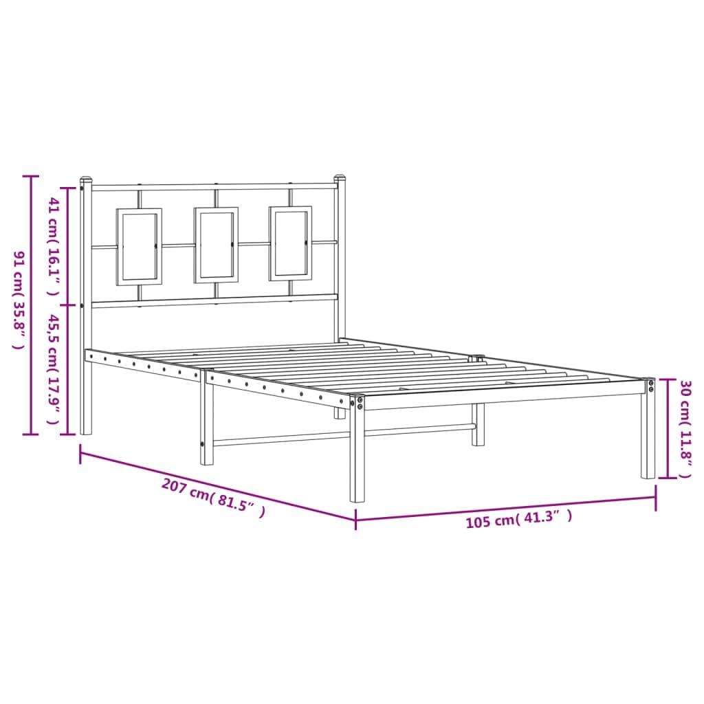vidaXL Metal Single Bed Frame - Black Steel, Supportive Slats, Elevated Design for Storage, Headboard Included, Fits 39.4"x78.7" Mattress