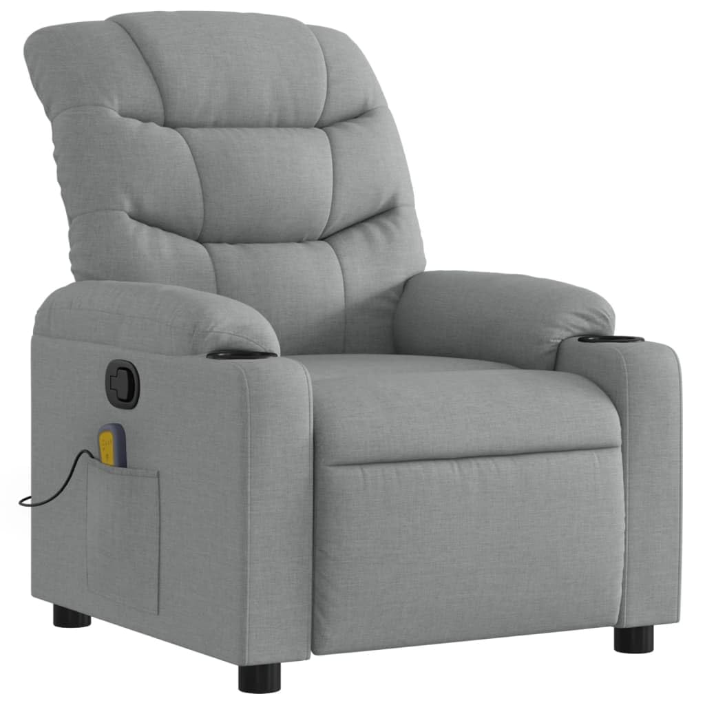 vidaXL Light Gray Fabric Massage Recliner Chair with Manual Recline, Vibration Massage, Cup Holders, and Side Pocket