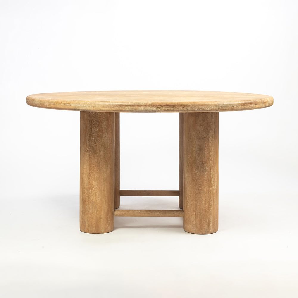 Quick Artsy Furniture Round Dining Table, Natural Wood Finish, Solid Mango Wood, Cylindrical Pedestal Base