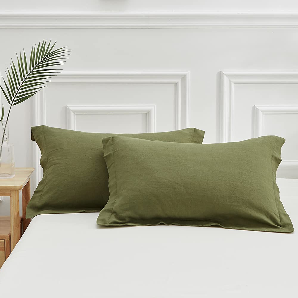 Simple&Opulence 100% Belgian Linen Pillow Shams -Set Of 2, King Size - Basic Style Breathable Pure Linen Suitable For Home - Soft And Durable With Envelope Closure (20''X 36'', Olive Green)