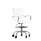 Flash Furniture Lexi Mid-Back Drafting Chair With Adjustable Foot Ring-Leathersoft Upholstery-Chrome Base-Roller Wheels, 24&Quot; Dx21.5 Wx48-40 H, White