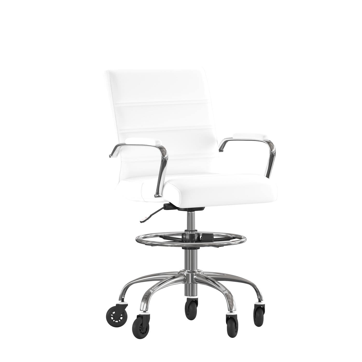 Flash Furniture Lexi Mid-Back Drafting Chair With Adjustable Foot Ring-Leathersoft Upholstery-Chrome Base-Roller Wheels, 24&Quot; Dx21.5 Wx48-40 H, White