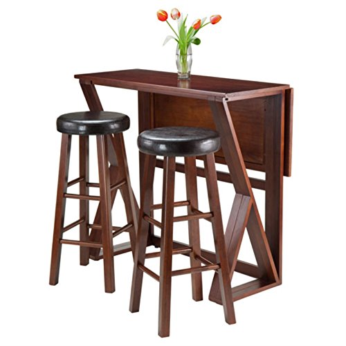 Ergode Harrington Drop Leaf High Table Set | Solid Wood | Walnut Finish | 39.37' W x 31.5' D x 36.22' H | Includes 2 Stools | Fully Assembled (94336-VV)