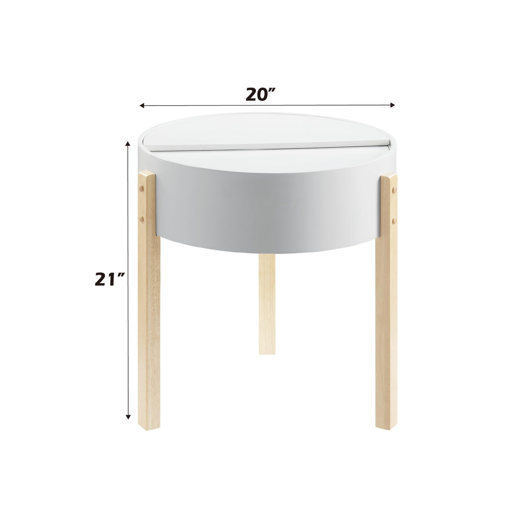 Acme Bodfish Round Wooden End Table With Hidden Storage In White And Natural