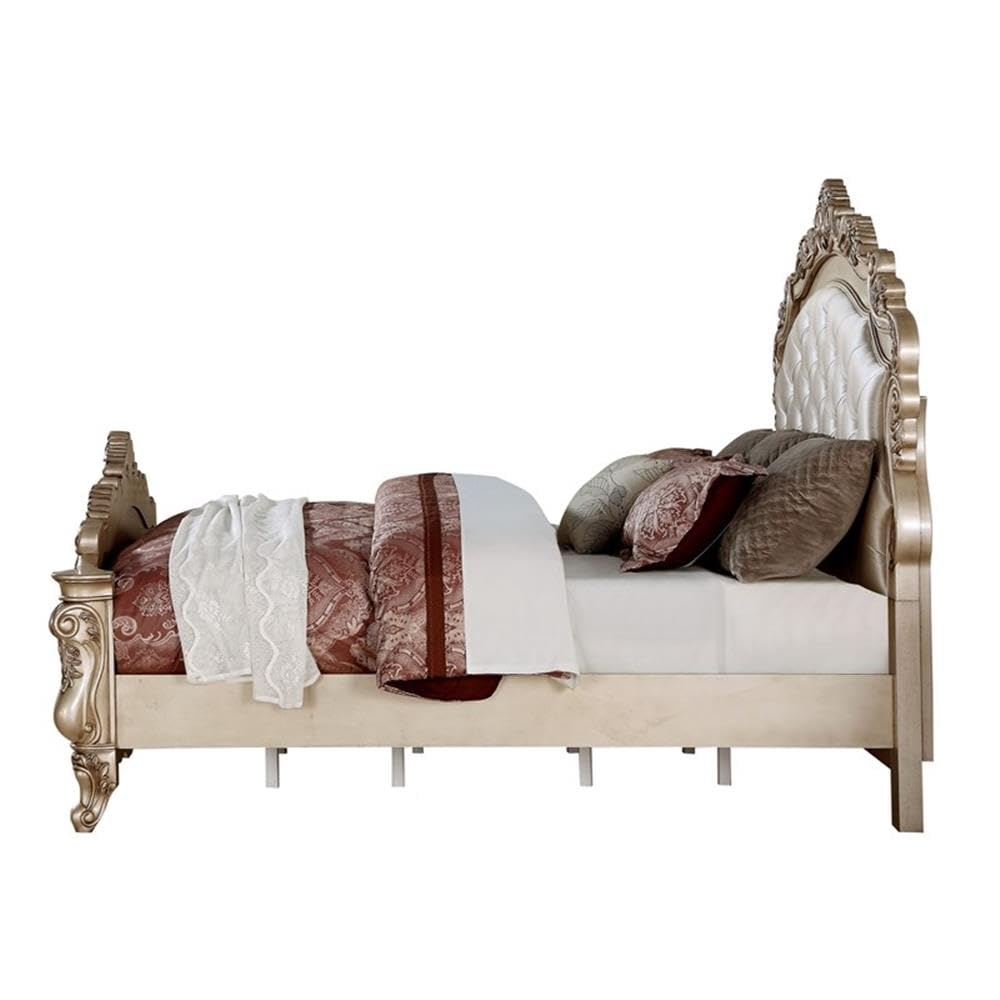 Acme Gorsedd Tufted Queen Panel Bed in Cream Fabric and Golden Ivory