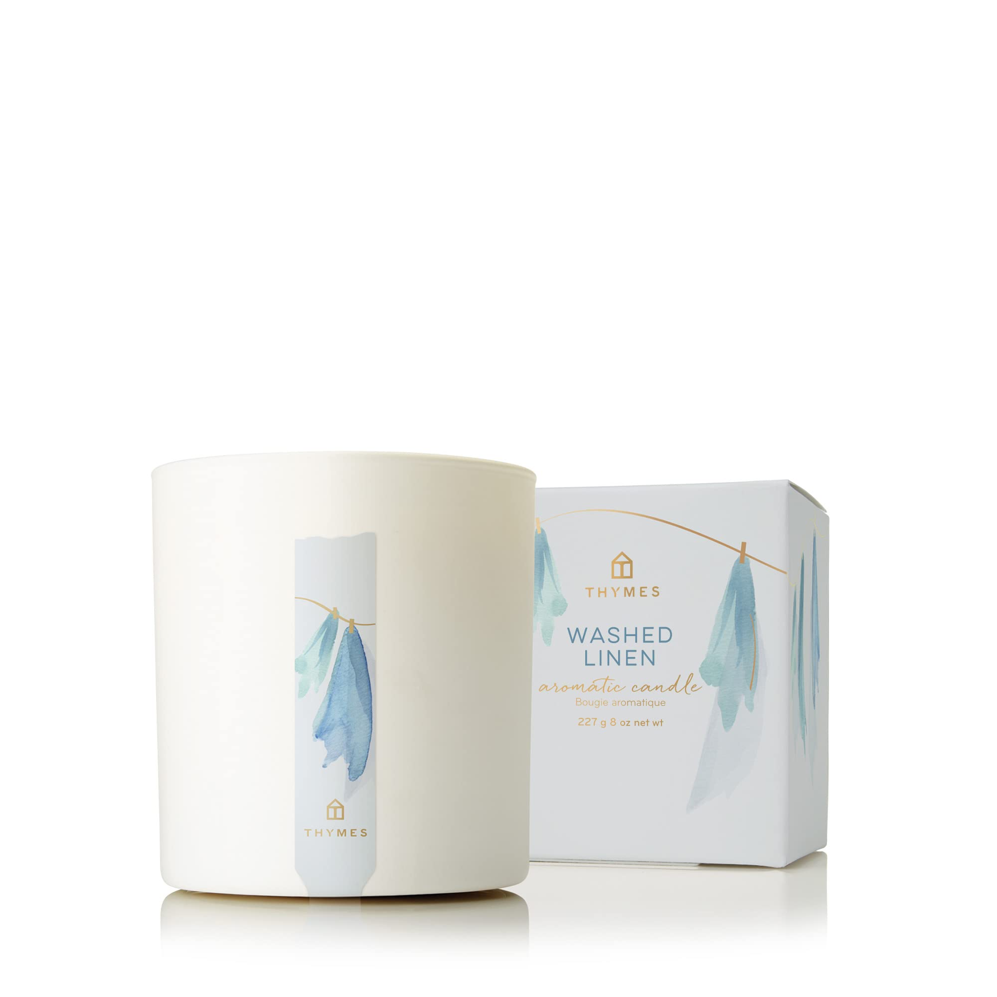 Thymes Washed Linen Candle - 8 oz Scented Candle for a Fresh Home Fragrance - Matte White Candle Jar