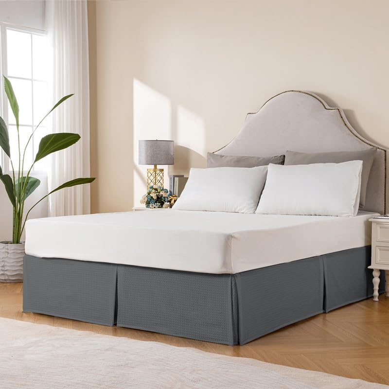 Miye Pleated Waffle Weave Bed Skirt, Tailored Dust Ruffle 16 Inch Drop Easy Fit, Machine Washable (Dark Grey, Twin - 16'' Drop)