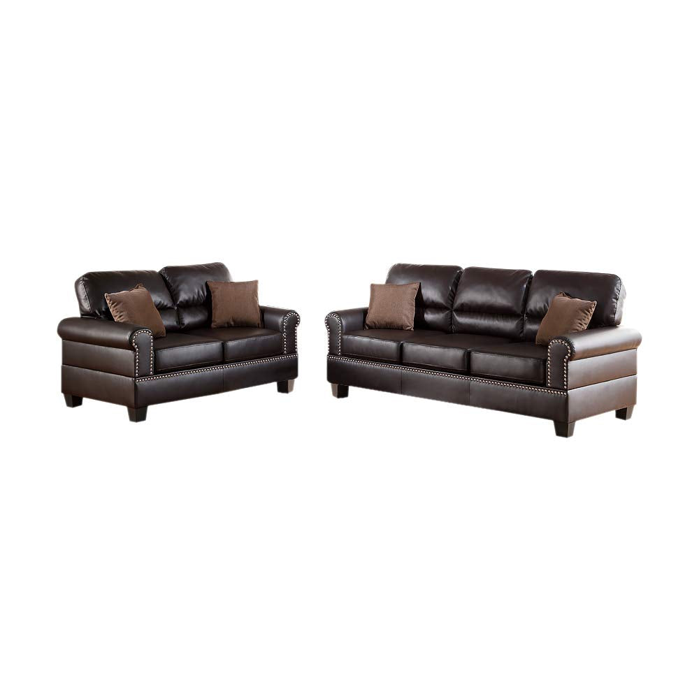 Benjara Bonded Leather Sofa With Loveseat And Cushions, Brown