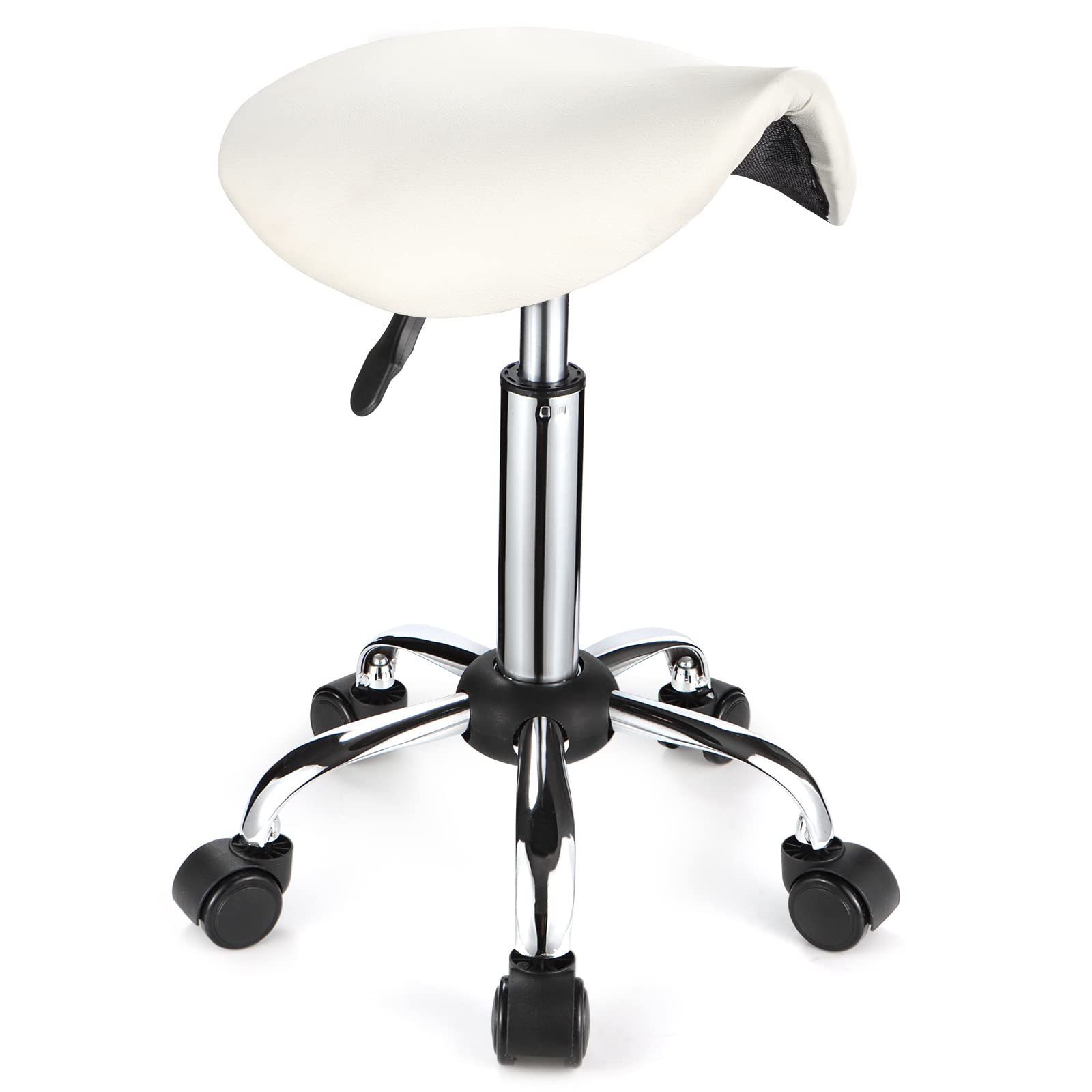 FNZIR Saddle Rolling Stool with Wheels PU Leather Height Adjustable Swivel Stools Chair White