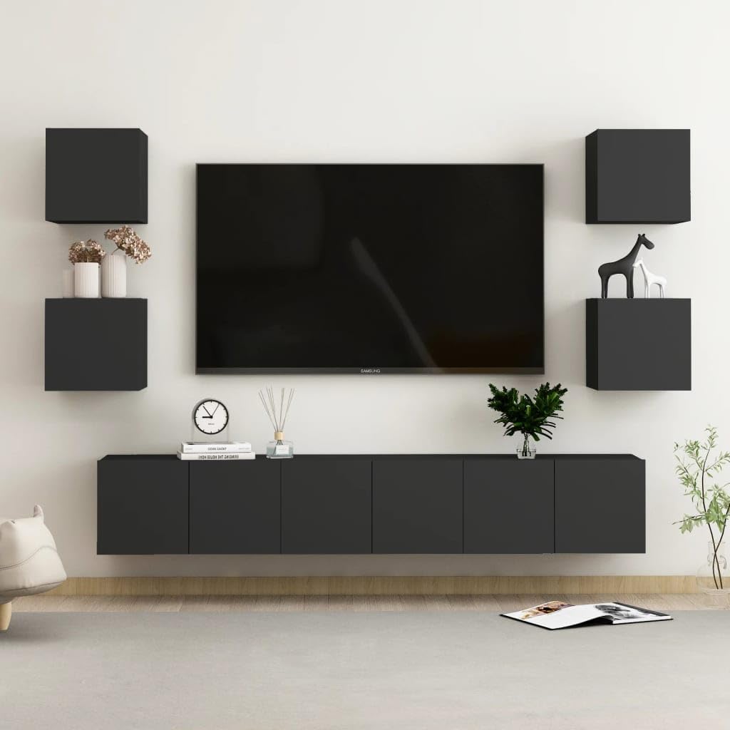 vidaXL TV Cabinet Set 7 Piece Home Indoor Living Room Entertainment Center Stereo HiFi Cabinet Media Unit Furniture Black Engineered Wood