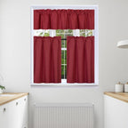 3Pc Set Solid Faux Silk Lined Blackout Rod Pocket Small Kitchen Window Curtain With Valance (K3) (Burgundy)