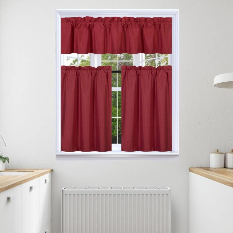3Pc Set Solid Faux Silk Lined Blackout Rod Pocket Small Kitchen Window Curtain With Valance (K3) (Burgundy)