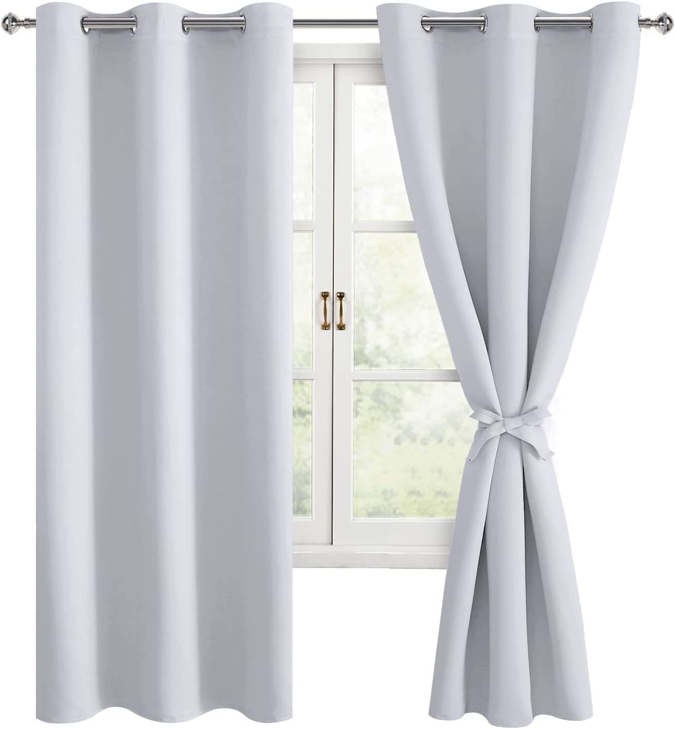 Hiasan Room Darkening Curtains For Bedroom, Noise Reducing, Energy Saving Blackout Window Curtain Panels, Sewn With Tiebacks, Set Of 2, Grommet Top (Greyish White, Width 38 Inch X Length 72 Inch)