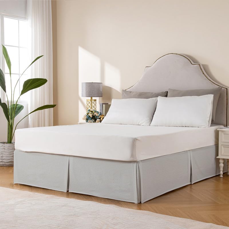 Miye Pleated Waffle Weave Bed Skirt, Tailored Dust Ruffle 12 Inch Drop Easy Fit, Machine Washable (Light Grey, King - 12'' Drop)