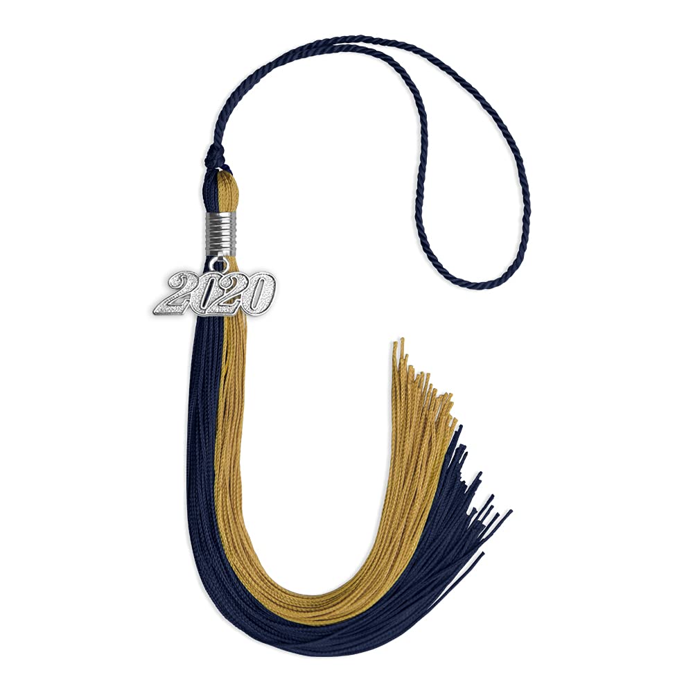 Endea Graduation Double Color Tassel with Silver Date Drop (Dark Navy Blue/Antique Gold, 2020)