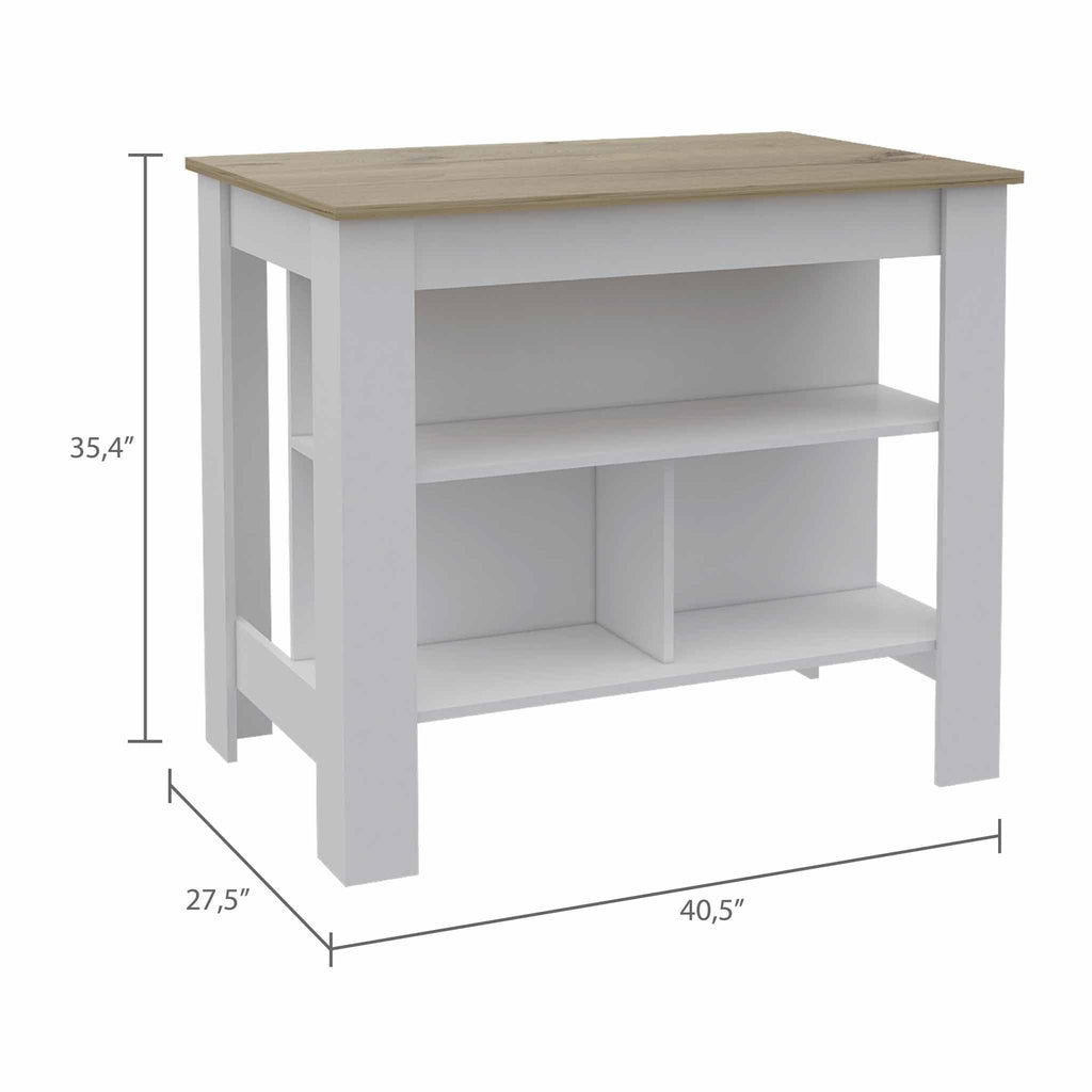 HomeRoots White - Light Oak Particle Board Light Oak and White Kitchen Island with Three Storage Shelves