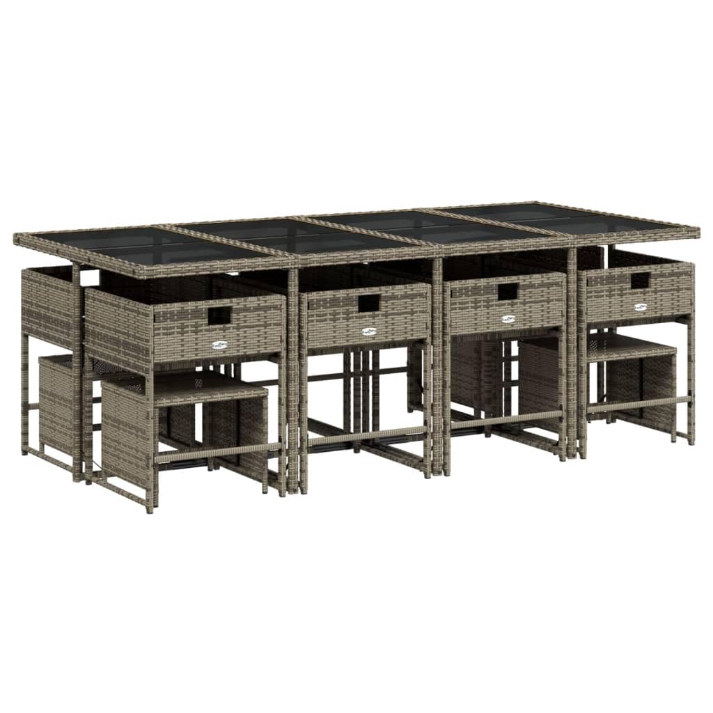 vidaXL Patio Dining Set - 13 Piece Garden Furniture with Cushions - Gray Poly Rattan with Glass Table - Outdoor, Garden, Backyard, Patio Use