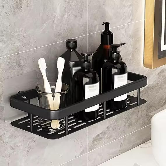 Zonetic Multipurpose Bathroom Organiser Shelf Rack, Wall Mounted, Space Saving, Punch Free NoDrill, Black, Pack Of 1