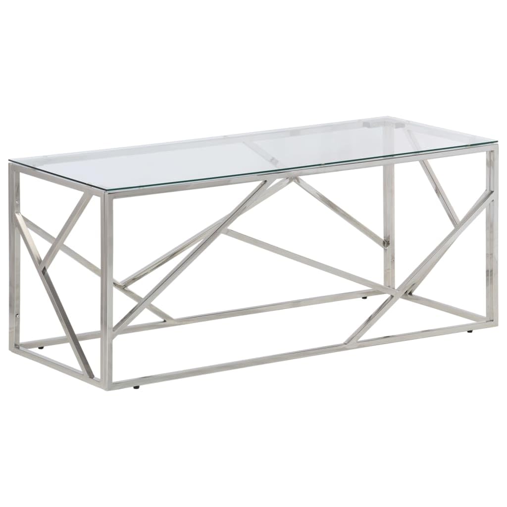 vidaXL Silver Stainless Steel Coffee Table - Tempered Glass Top, Modern Accent Sofa Table for Living Room/Lounge, Rectangular 43.3"x17.7"x17.7"